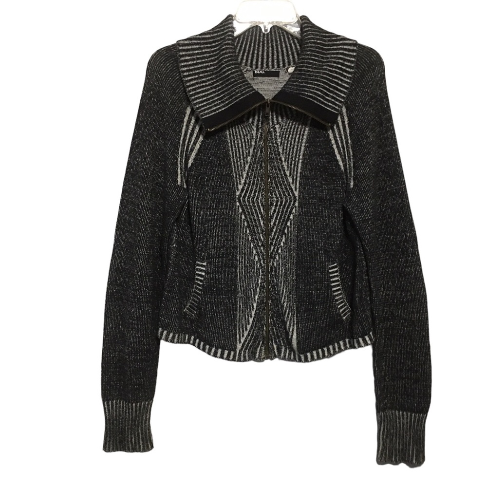 BDG Mock neck zip up cardigan black white abstract LG cotton sweater UNI…